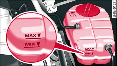 Engine compartment: Markings on coolant expansion tank